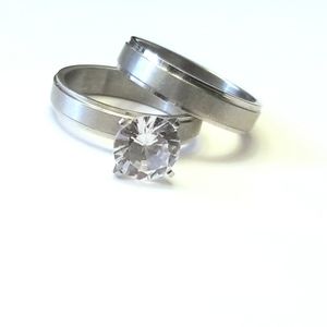New Stainless Steel CZ Solitaire Diamond Ring Set